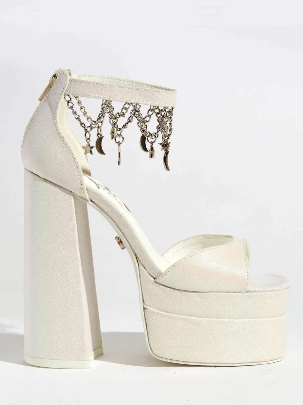 White Platform Block Heel Sandals with Ankle Charm Accent